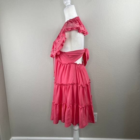 Lush Pink Blossom Lace Tie Back Square Neck Tiered Sleeveless Mini Dress LG NWT - Picture 7 of 12